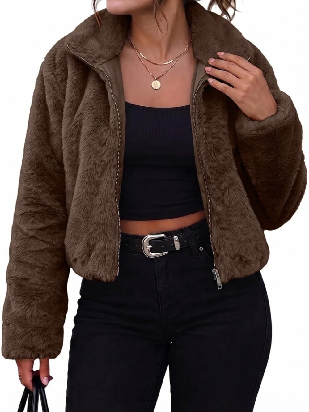 Women's Coffee 100% Polyester Cropped Full Zip-Up High Neck Collar Bomber Jacket